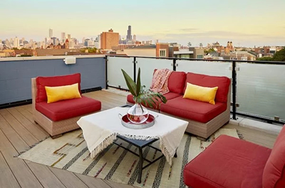 red and yellow outdoor furniture on a high level deck